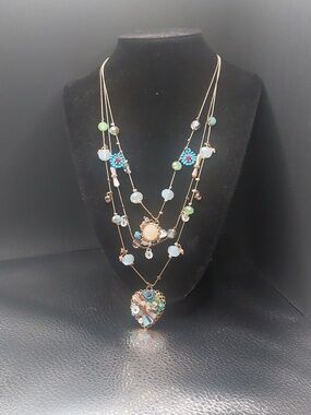 Betsey Johnson Gold Toned Bead And Heart Illusion Three Strand Dainty Necklace